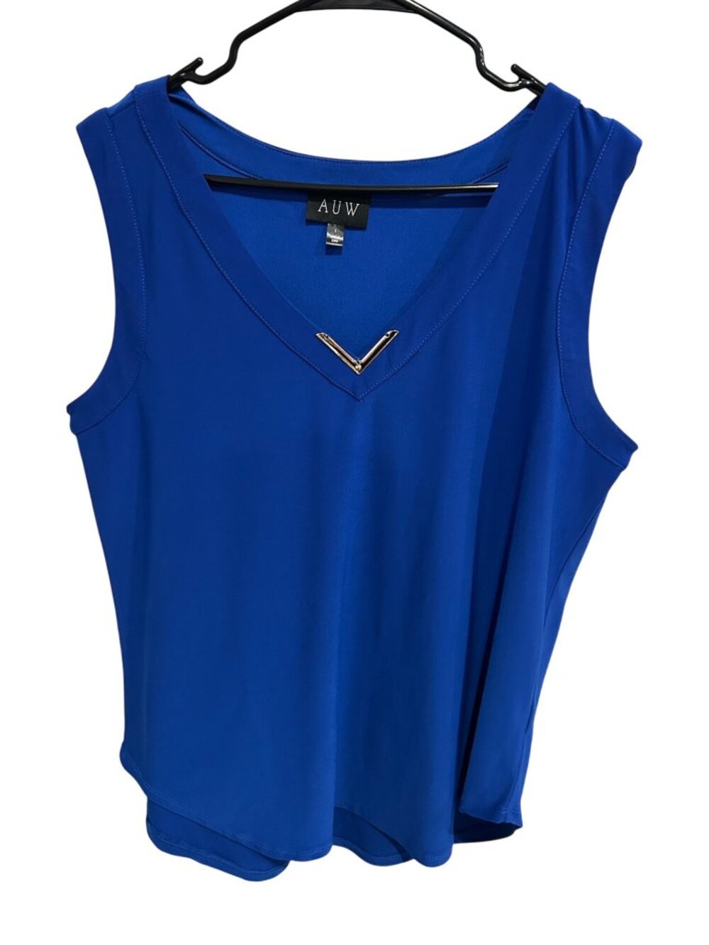 AUW Royal Blue Sleeveless V-Neck Top Size L Gold Accent Statement Minimalist